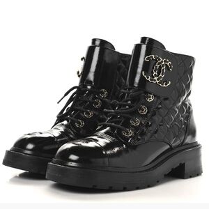 Chanel Shiny Calfskin Quilted Lace Up Combat Boots in black